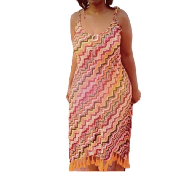Tribal African Fringe Tassel Sun Maxi Coverup Dress Red Green Yellow Gold Medium - Picture 2 of 15
